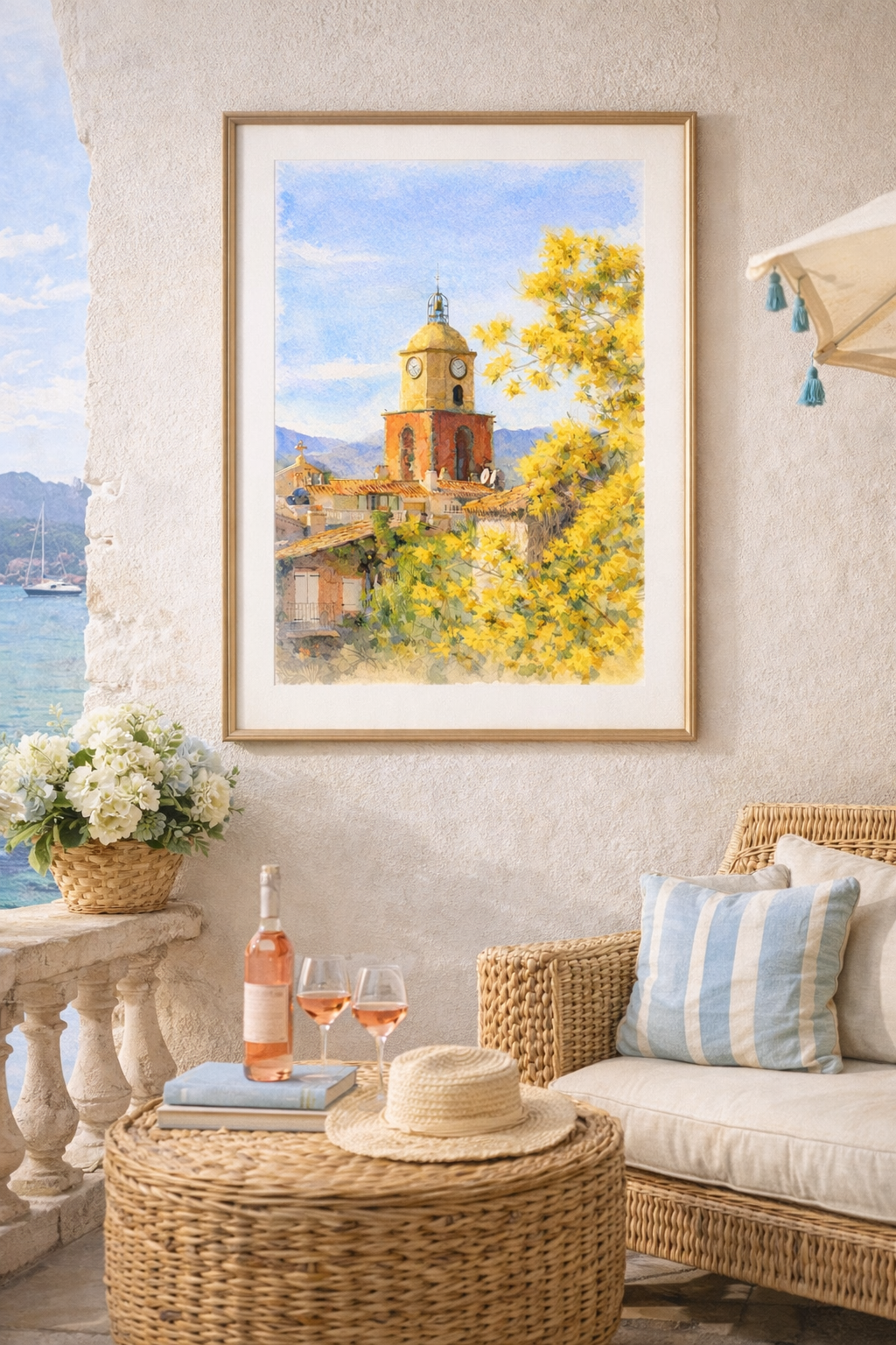 #053 Saint Tropez Wall Art Print - the charm of a sun-drenched village framed by vibrant yellow blossoms