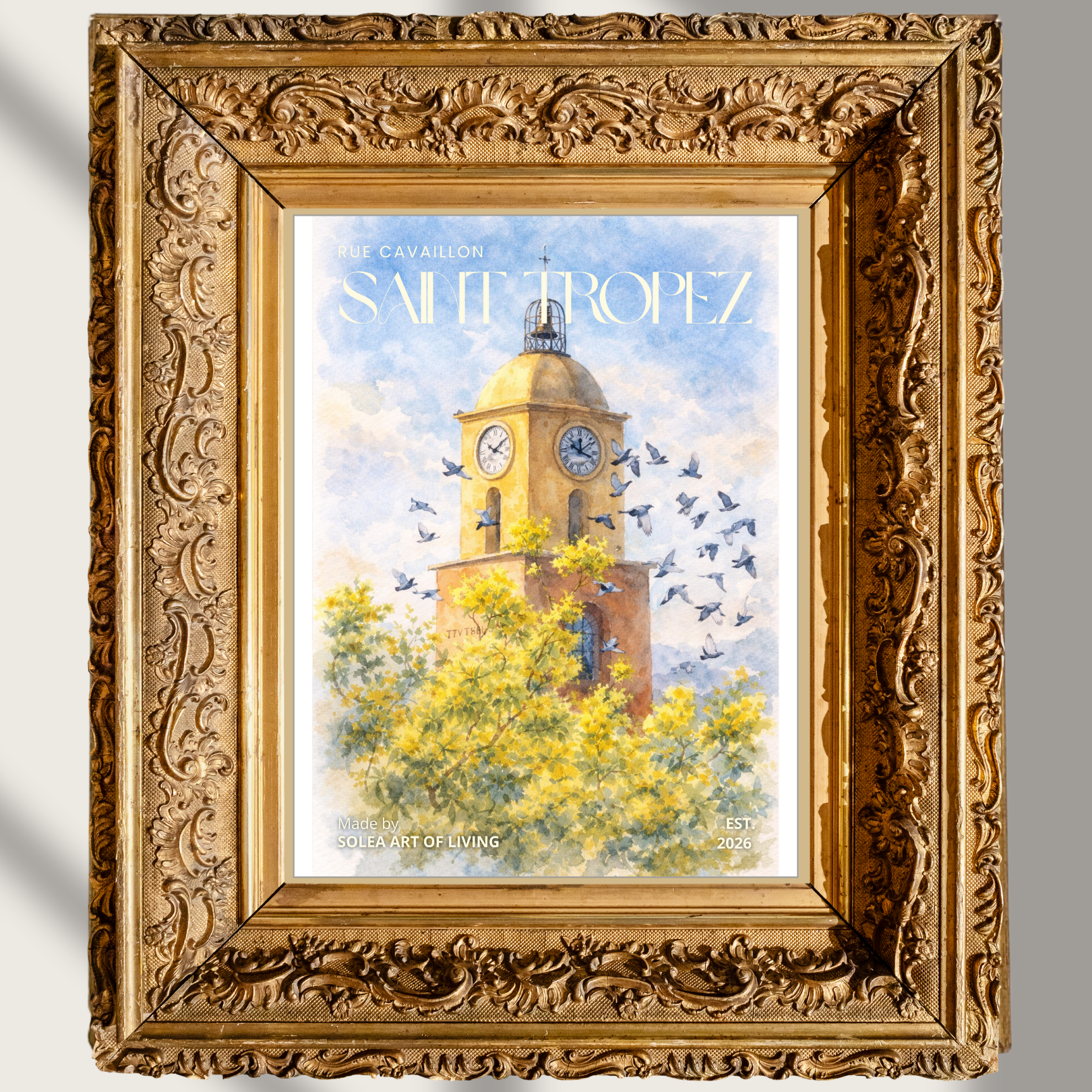 #057 Exclusive Saint Tropez watercolor art print featuring the iconic clock tower. Bring Mediterranean warmth and timeless French elegance into your interior.