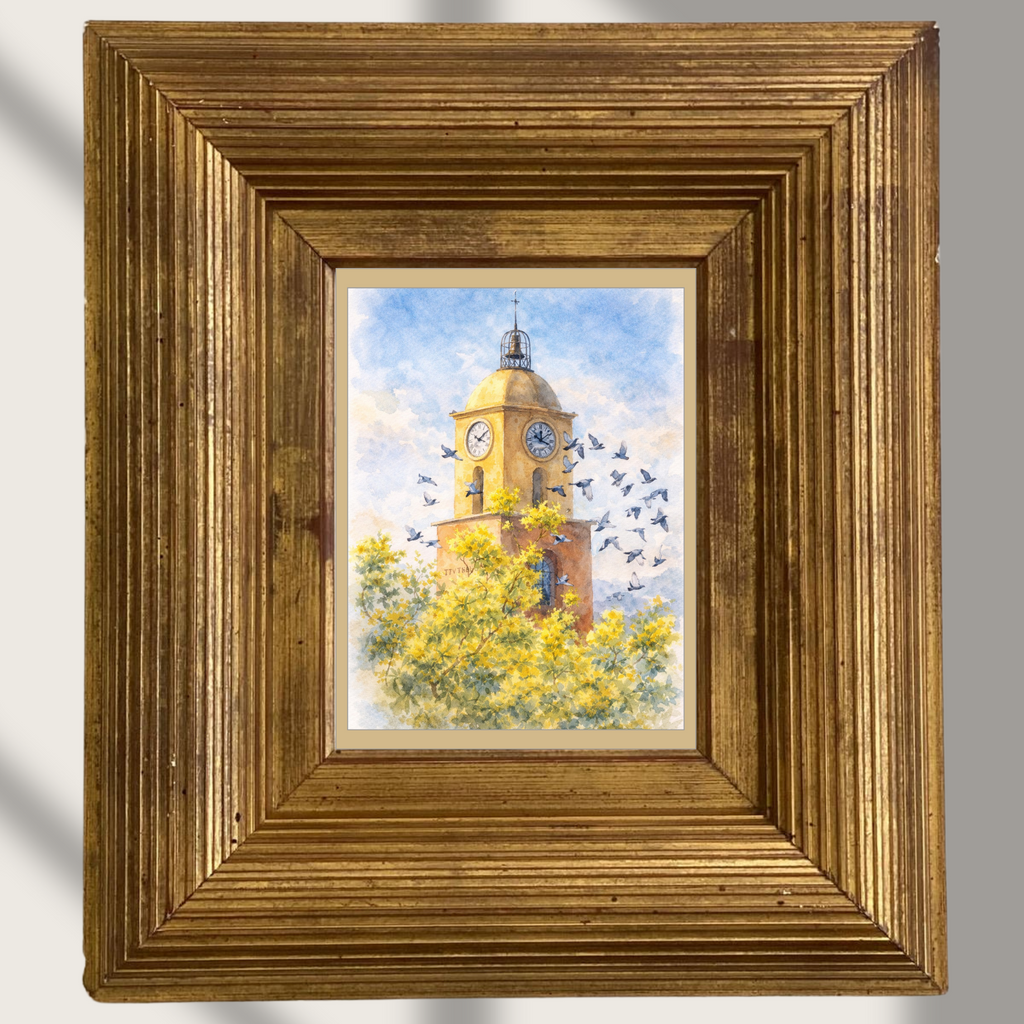 #057 Exclusive Saint Tropez watercolor art print featuring the iconic clock tower. Bring Mediterranean warmth and timeless French elegance into your interior.