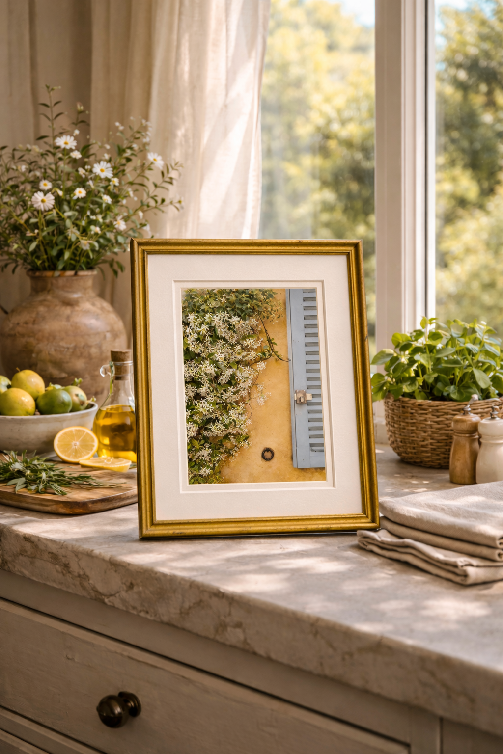 #052 Saint Tropez Wall Art Print - A warm ochre yellow wall, ornate white flowers and a characteristic blue-gray hatch