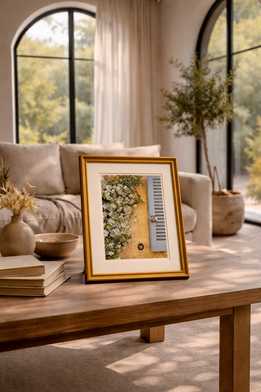 #052 Saint Tropez Wall Art Print - A warm ochre yellow wall, ornate white flowers and a characteristic blue-gray hatch