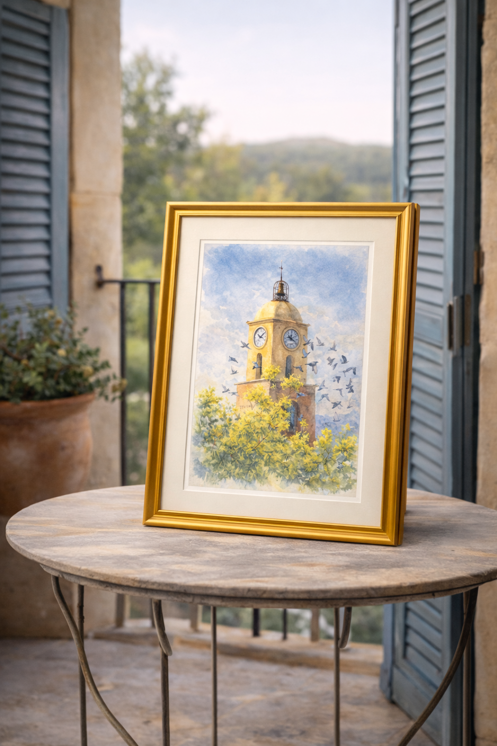 #057 Exclusive Saint Tropez watercolor art print featuring the iconic clock tower. Bring Mediterranean warmth and timeless French elegance into your interior.