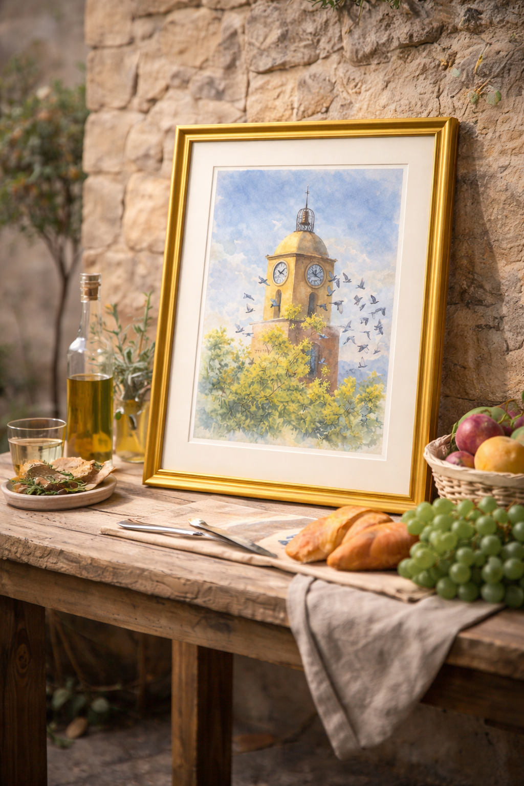 #057 Exclusive Saint Tropez watercolor art print featuring the iconic clock tower. Bring Mediterranean warmth and timeless French elegance into your interior.