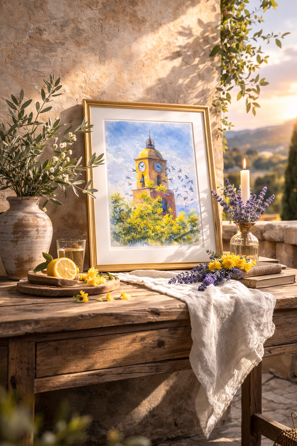 #057 Exclusive Saint Tropez watercolor art print featuring the iconic clock tower. Bring Mediterranean warmth and timeless French elegance into your interior.