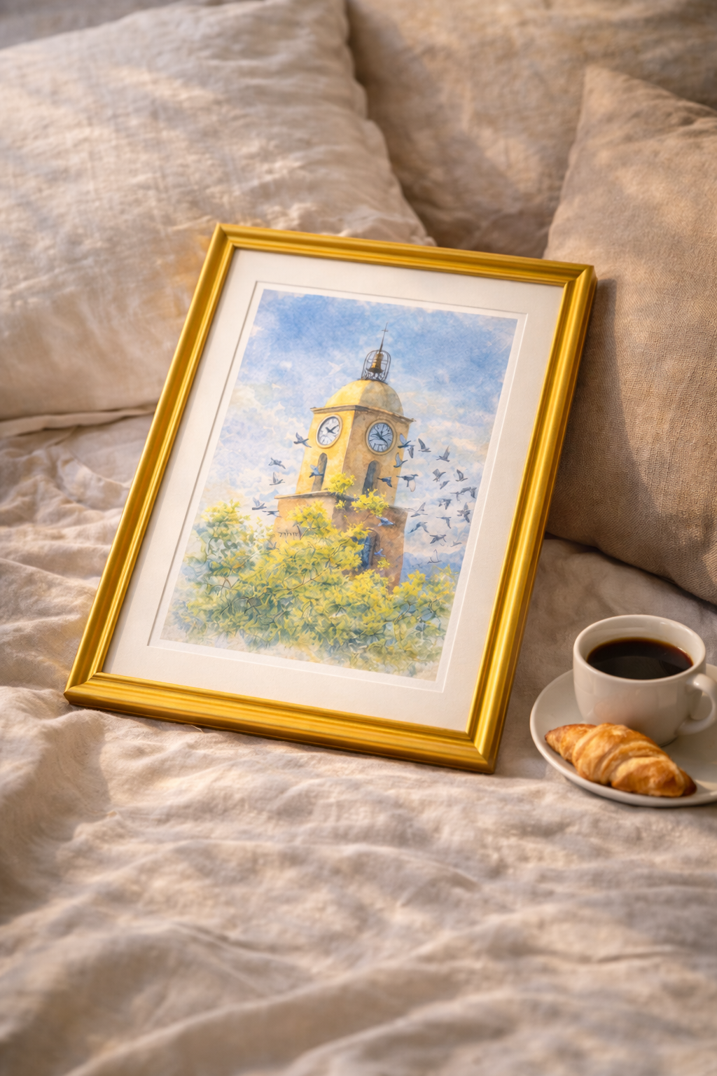 #057 Exclusive Saint Tropez watercolor art print featuring the iconic clock tower. Bring Mediterranean warmth and timeless French elegance into your interior.