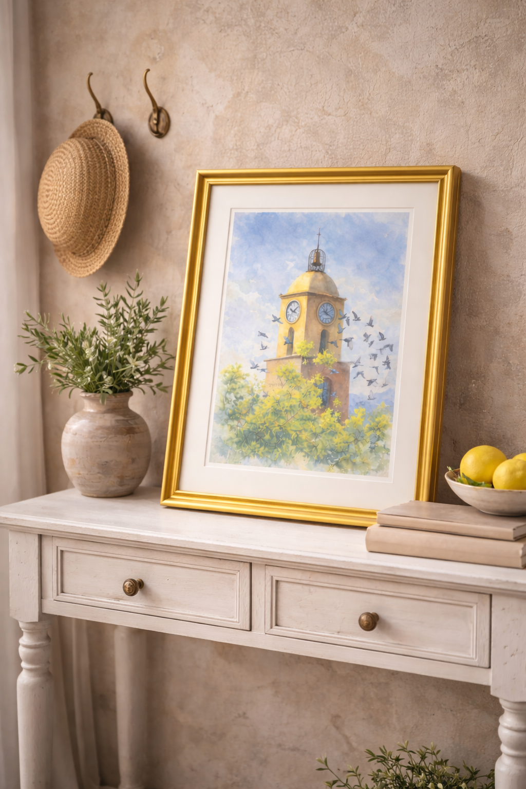 #057 Exclusive Saint Tropez watercolor art print featuring the iconic clock tower. Bring Mediterranean warmth and timeless French elegance into your interior.
